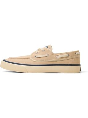 Sperry Beige Canvas Boat Shoe with Navy Stripe